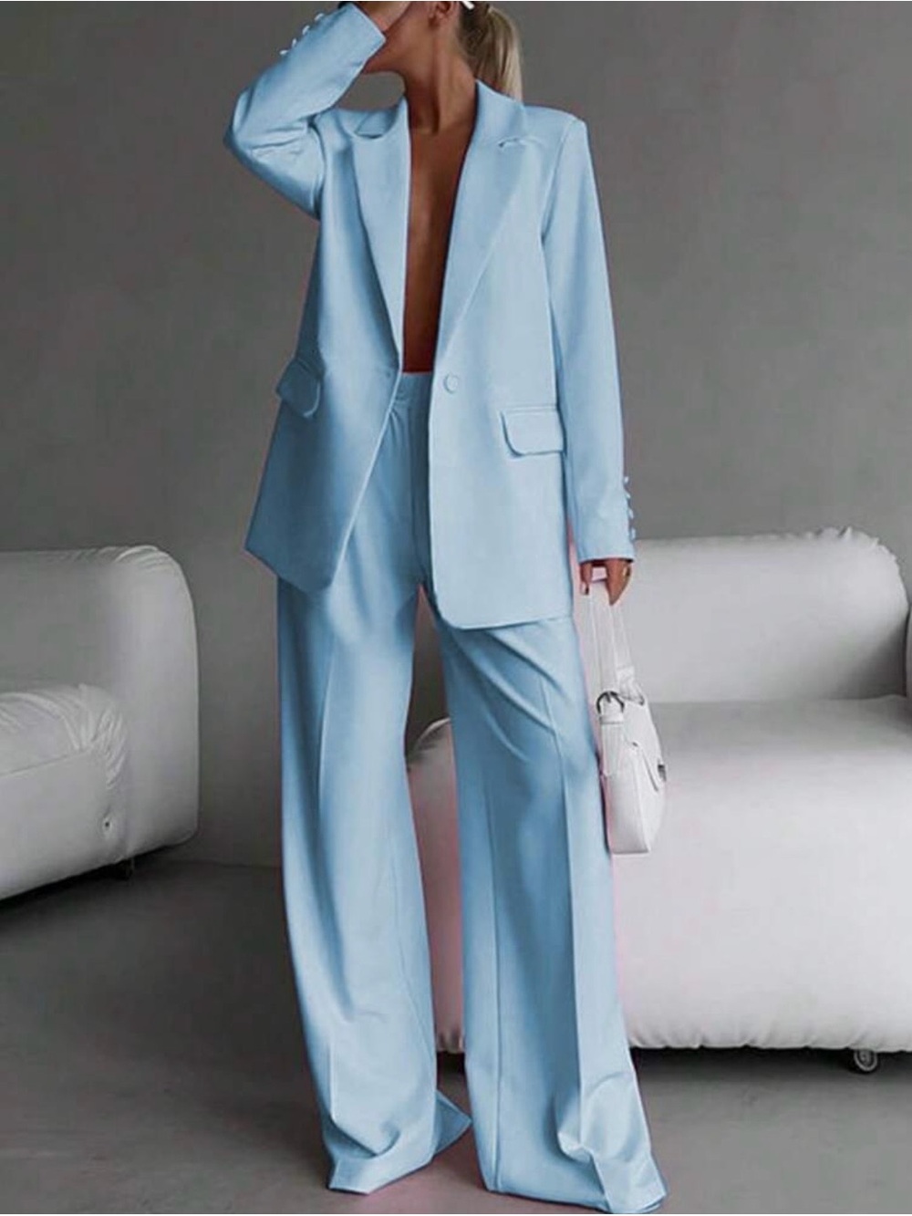 SHEIN Pastel Light Blue Wide-Leg Blazer & Pants Set